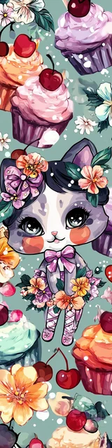 Free kawaii cats bookmark featuring a cherry-themed cat and cupcakes